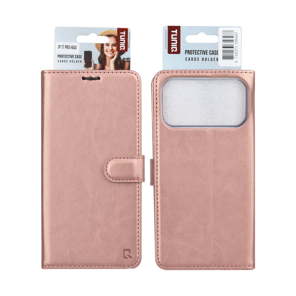 TUNIQ TUNIQ iPhone 17 Pro Max Book-Case hul - Kartenhalter für 3 Karten - Magnetverschluss - Aufhänger - Rose Gold TUNIQ TUNIQ iPhone 17 Pro Max Book-Case hul - Kartenhalter für 3 Karten - Magnetverschluss - Aufhänger - Rose Gold
