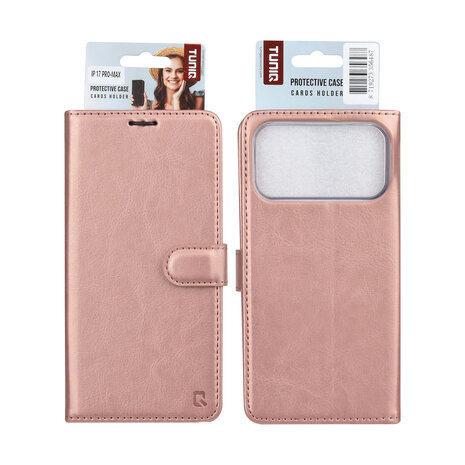 TUNIQ TUNIQ iPhone 17 Pro Max Book Case hoesje - Pasjeshouder voor 3 pasjes - Magneetsluiting - Hanger - Rose Gold TUNIQ TUNIQ iPhone 17 Pro Max Book Case hoesje - Pasjeshouder voor 3 pasjes - Magneetsluiting - Hanger - Rose Gold