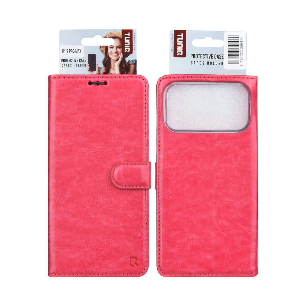 TUNIQ TUNIQ iPhone 17 Pro Max Book-Case hul - Kartenhalter für 3 Karten - Magnetverschluss - Aufhänger - Hot Pink TUNIQ TUNIQ iPhone 17 Pro Max Book-Case hul - Kartenhalter für 3 Karten - Magnetverschluss - Aufhänger - Hot Pink