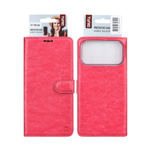 TUNIQ TUNIQ iPhone 17 Pro Max/iPhone 18 Pro Max Étui à rabat Porte-cartes pour 3 cartes Fermeture magnétique Pendentif - Rose vif