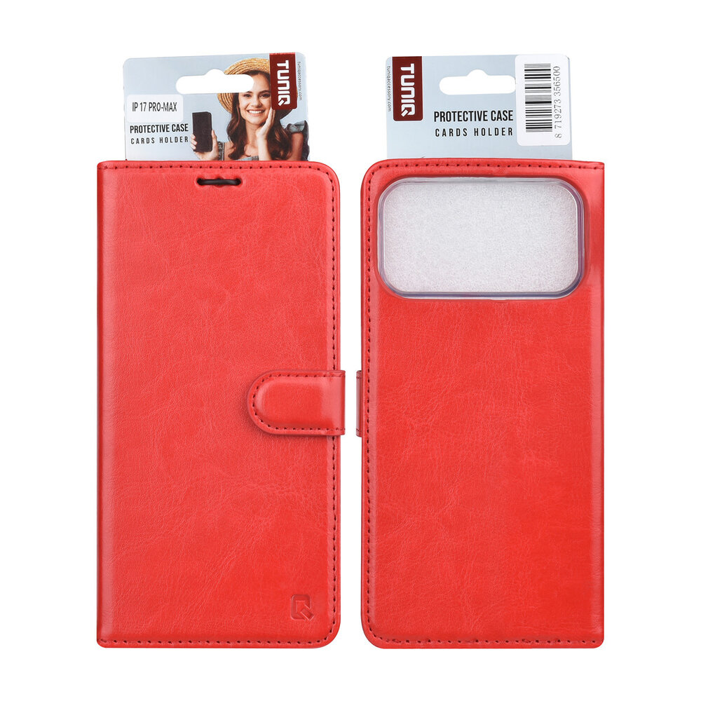 TUNIQ TUNIQ iPhone 17 Pro Max Book Case hoesje - Pasjeshouder voor 3 pasjes - Magneetsluiting - Hanger - Rood TUNIQ TUNIQ iPhone 17 Pro Max Book Case hoesje - Pasjeshouder voor 3 pasjes - Magneetsluiting - Hanger - Rood
