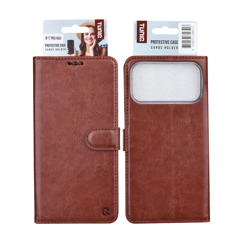 TUNIQ TUNIQ iPhone 17 Pro Max Book type case - Card holder for 3 cards - Magnetic closure - Hanger - Brown