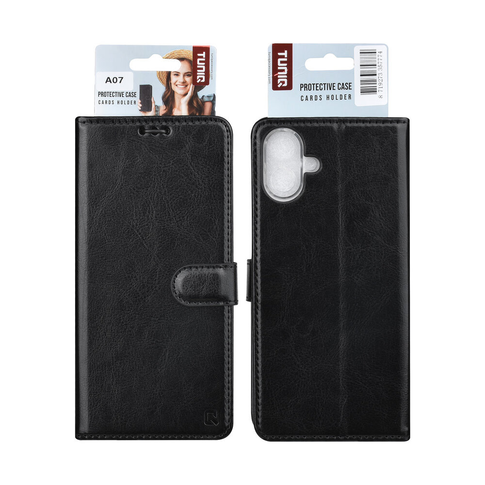 TUNIQ TUNIQ Galaxy A07 Book Case hoesje - Pasjeshouder voor 3 pasjes - Magneetsluiting - Hanger - Zwart