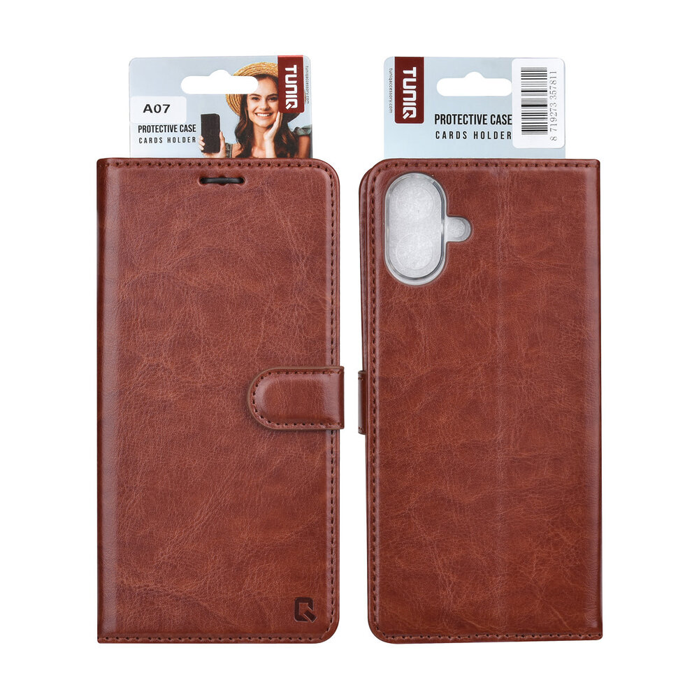 TUNIQ TUNIQ Galaxy A07 Book-Case hul - Kartenhalter für 3 Karten - Magnetverschluss - Aufhänger - Braun TUNIQ TUNIQ Galaxy A07 Book-Case hul - Kartenhalter für 3 Karten - Magnetverschluss - Aufhänger - Braun