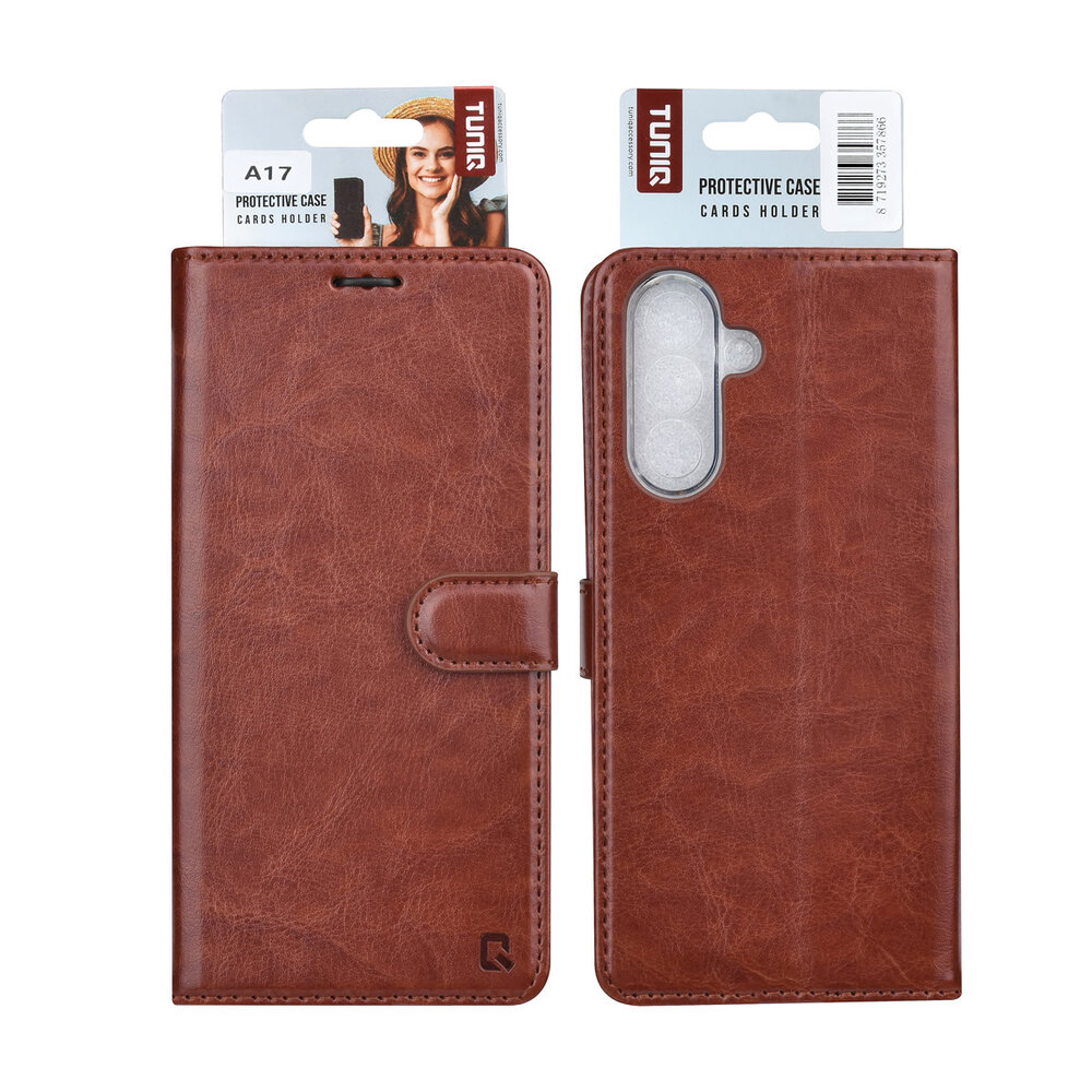 TUNIQ TUNIQ Galaxy A17 Book-Case hul - Kartenhalter für 3 Karten - Magnetverschluss - Aufhänger - Braun
