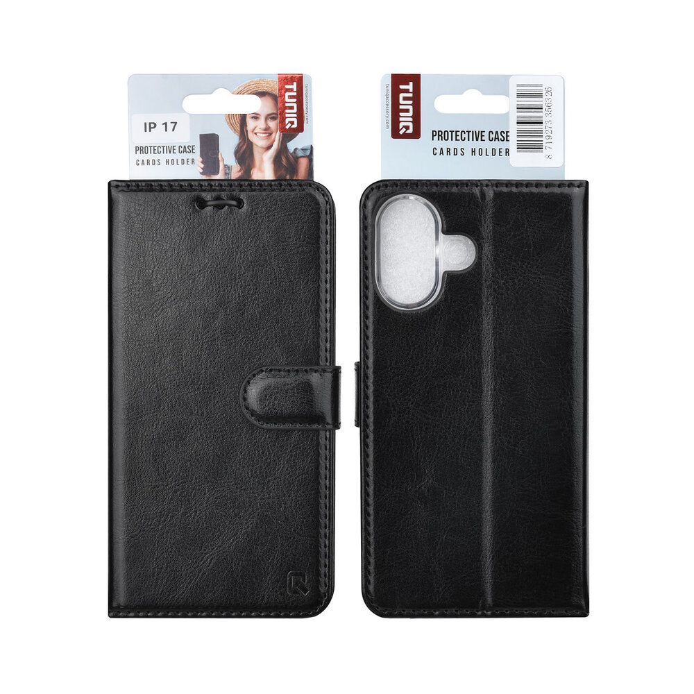 TUNIQ TUNIQ iPhone 17 Book type housse - Noir - Porte-cartes pour 3 cartes - Fermeture magnétique - Cintre