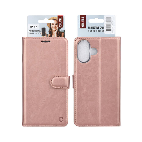TUNIQ TUNIQ iPhone 17 Book type case - Card holder for 3 cards - Magnetic closure - Hanger - Rose Gold