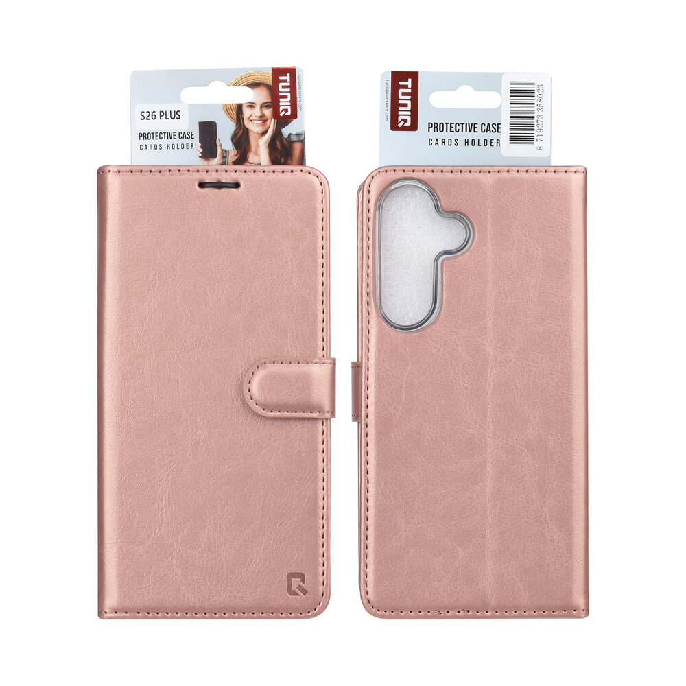 TUNIQ TUNIQ Galaxy S26 Plus Book Case hoesje - Pasjeshouder voor 3 pasjes - Magneetsluiting - Hanger - Rose Gold