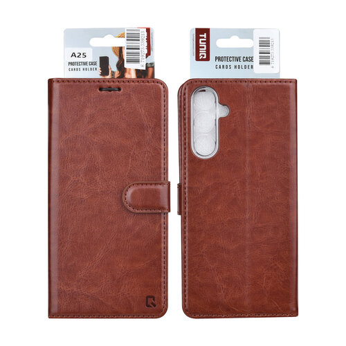 TUNIQ TUNIQ Galaxy A25 Book Case hoesje - Pasjeshouder voor 3 pasjes - Magneetsluiting - Hanger - Bruin