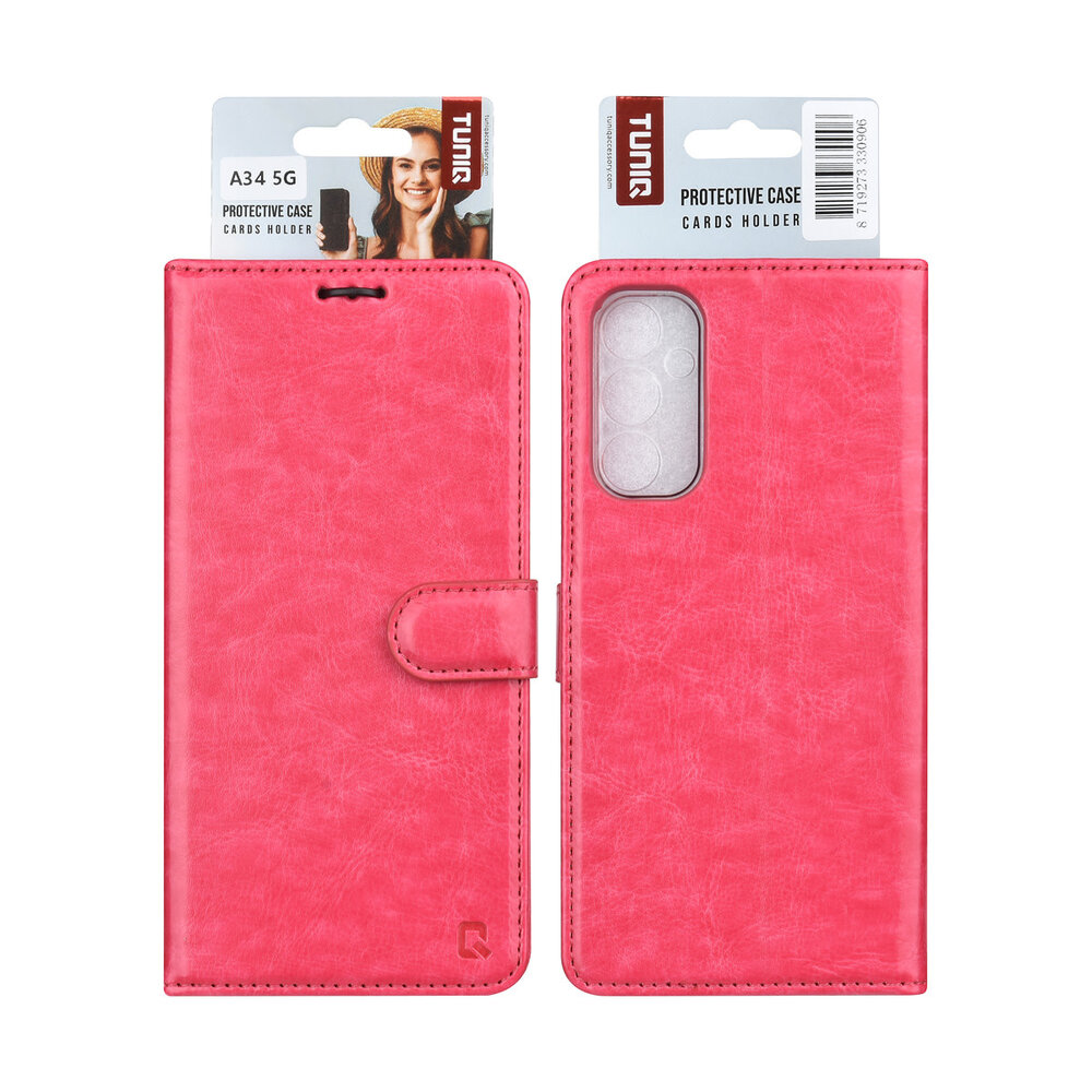 TUNIQ TUNIQ Galaxy A34 5G Book type case - Card holder for 3 cards - Magnetic closure - Hanger - Hot Pink