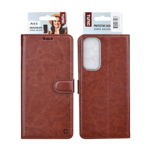 TUNIQ TUNIQ Galaxy A55 Book Case hoesje - Pasjeshouder voor 3 pasjes - Magneetsluiting - Hanger - Braun
