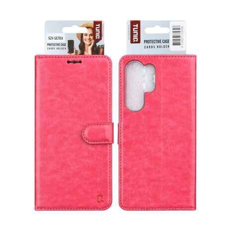 TUNIQ TUNIQ Étui pour Samsung Galaxy S24 Ultra - Porte-cartes pour 3 cartes - Fermeture magnétique - Hanger - Rose vif