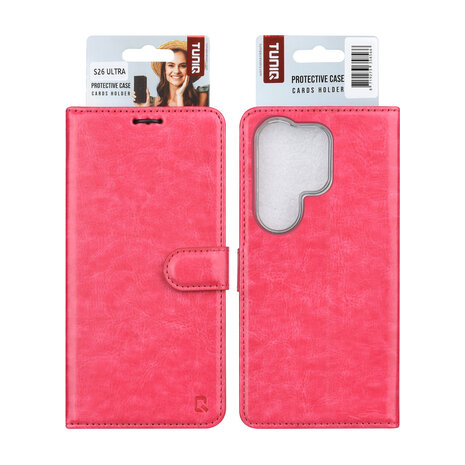 TUNIQ TUNIQ Galaxy S26 Ultra Book Case hoesje - Pasjeshouder voor 3 pasjes - Magneetsluiting - Hanger - Felroze
