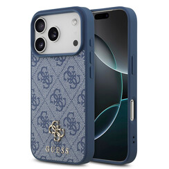 Guess iPhone 17 Pro/iPhone 18 Pro Coque arrière MagSafe Petit motif 4G et logo métallique classique - Bleu