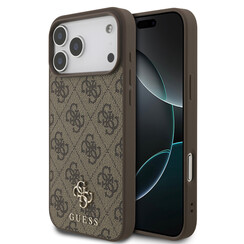 Guess iPhone 17 Pro Max/iPhone 18 Pro Max Coque arrière MagSafe Petit motif 4G et logo métallique classique - Marron