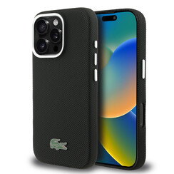 Lacoste iPhone 16 Pro Backcover hoesje - MagSafe - Metal Edges - Iconic Petit Pique Logo - Zwart
