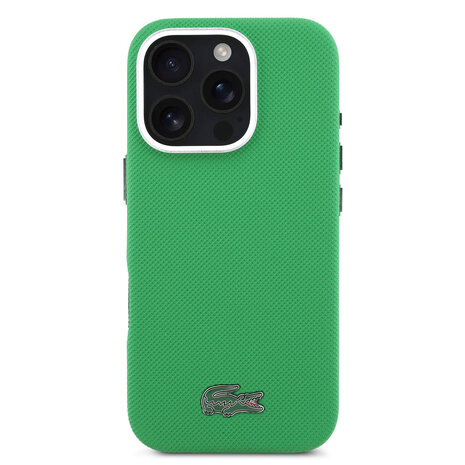 Lacoste Lacoste iPhone 16 Pro Backcover hoesje - MagSafe - Metal Edges - Iconic Petit Pique Logo - Estragon Green Lacoste Lacoste iPhone 16 Pro Backcover hoesje - MagSafe - Metal Edges - Iconic Petit Pique Logo - Estragon Green