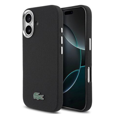 Lacoste Lacoste iPhone 16 Back cover coque - Noir - MagSafe - Metal Edges - Iconic Petit Pique Logo Lacoste Lacoste iPhone 16 Back cover coque - Noir - MagSafe - Metal Edges - Iconic Petit Pique Logo