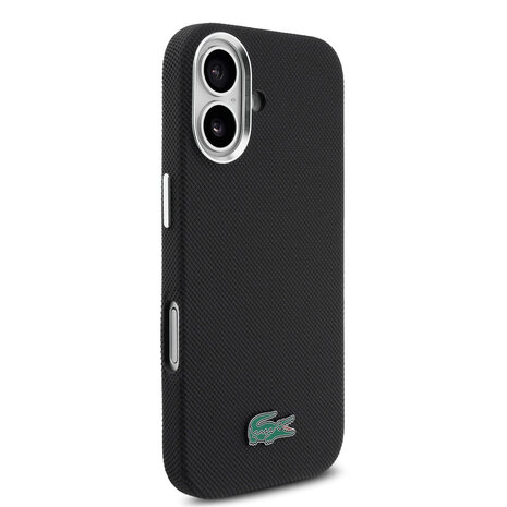 Lacoste Lacoste iPhone 16 Backcover hoesje - MagSafe - Metal Edges - Iconic Petit Pique Logo - Zwart Lacoste Lacoste iPhone 16 Backcover hoesje - MagSafe - Metal Edges - Iconic Petit Pique Logo - Zwart