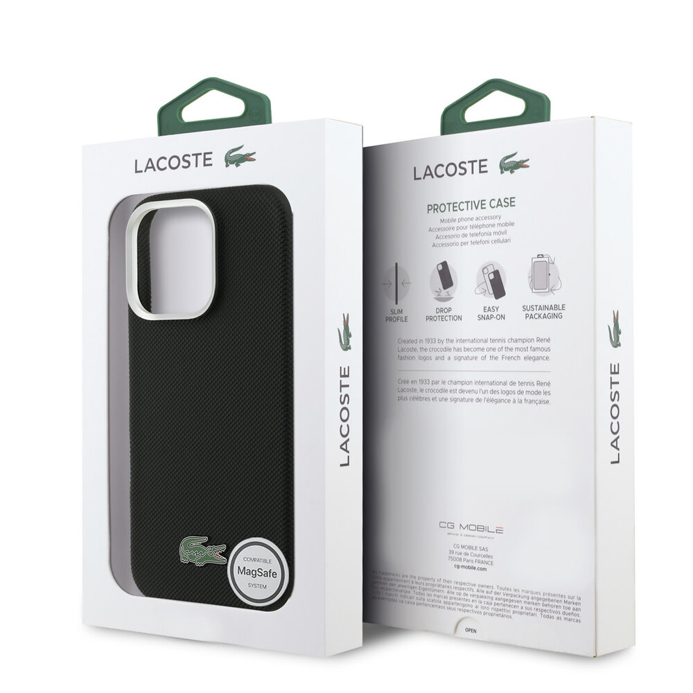 Lacoste Lacoste iPhone 16 Pro Max Backcover hoesje - MagSafe - Metal Edges - Iconic Petit Pique Logo - Zwart