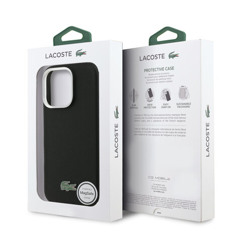 Lacoste Lacoste iPhone 16 Pro Max Backcover hoesje - MagSafe - Metal Edges - Iconic Petit Pique Logo - Zwart