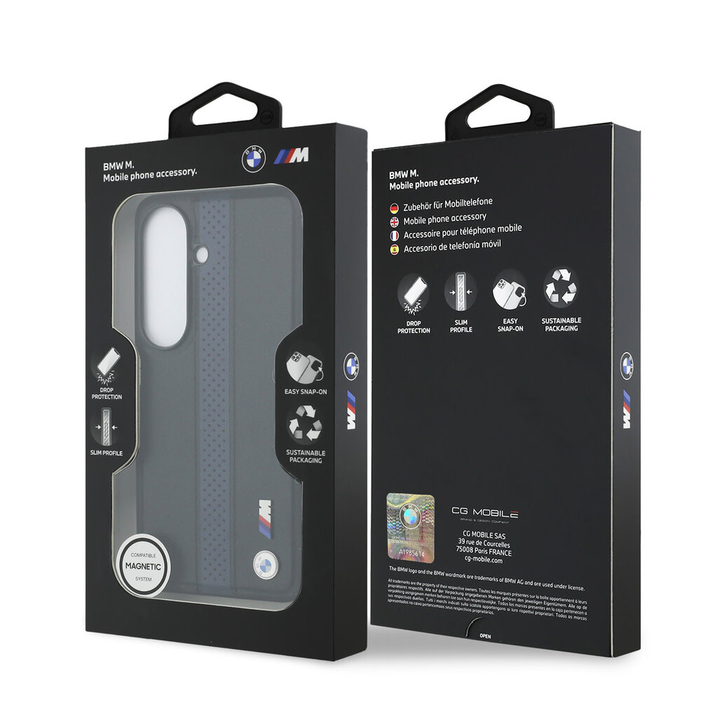 BMW BMW Galaxy S26 Backcover hoesje - MagSafe PU Leather - Perforated Blue Stripe - Zwart