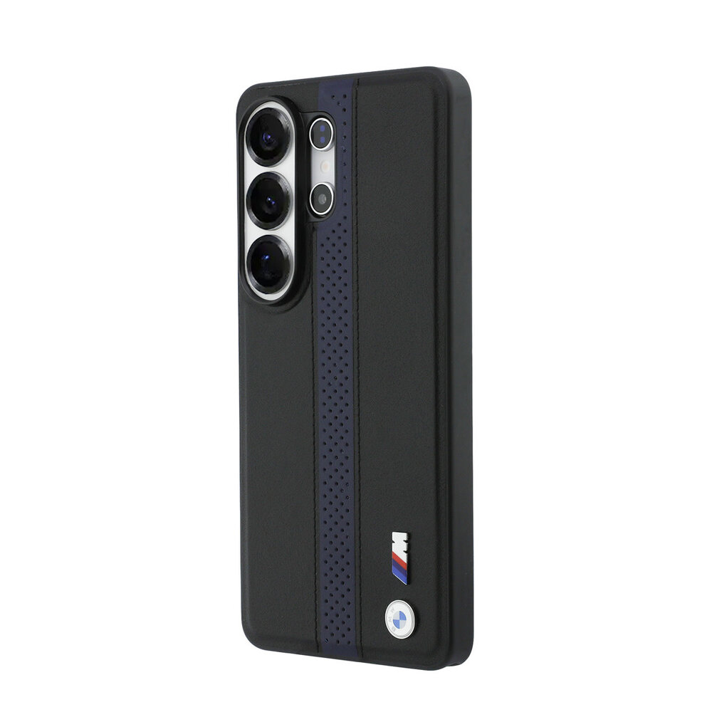 BMW BMW Galaxy S26 Ultra Backcover hoesje - MagSafe PU Leather - Perforated Blue Stripe - Zwart BMW BMW Galaxy S26 Ultra Backcover hoesje - MagSafe PU Leather - Perforated Blue Stripe - Zwart
