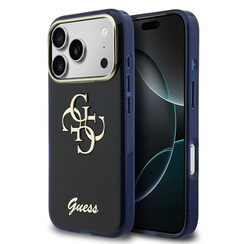 Guess iPhone 17 Pro Max/iPhone 18 Pro Max Coque arrière 4G logo manuscrit métallique Bord argenté - Bleu marine