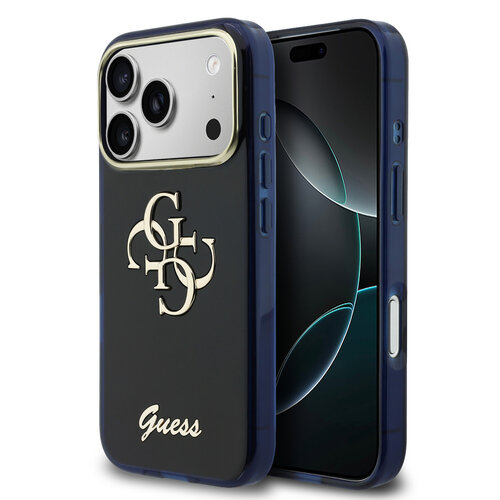 Guess Guess iPhone 17 Pro Max/iPhone 18 Pro Max Coque arrière 4G logo manuscrit métallique Bord argenté - Bleu marine