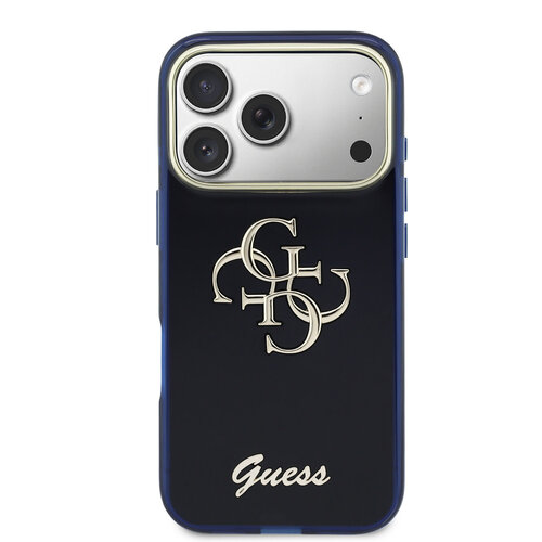 Guess Guess iPhone 17 Pro Max/iPhone 18 Pro Max Coque arrière 4G logo manuscrit métallique Bord argenté - Bleu marine