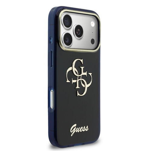 Guess Guess iPhone 17 Pro Max/iPhone 18 Pro Max Coque arrière 4G logo manuscrit métallique Bord argenté - Bleu marine