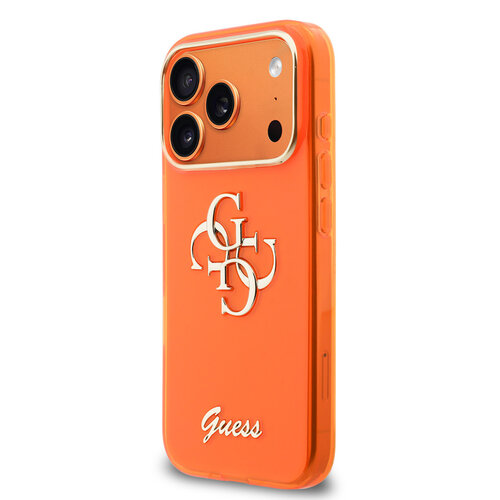 Guess Guess iPhone 17 Pro Max/iPhone 18 Pro Max Coque arrière 4G logo manuscrit métallique Bord argenté - Orange