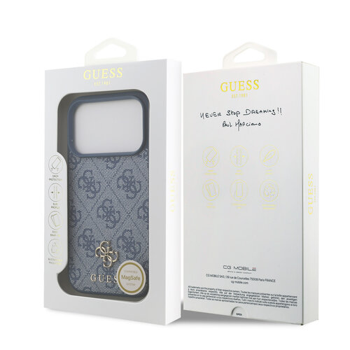 Guess Guess iPhone 17 Pro/iPhone 18 Pro Coque arrière MagSafe Petit motif 4G et logo métallique classique - Bleu