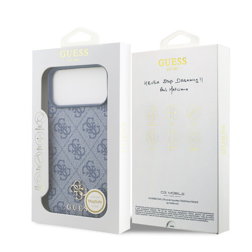 Guess Guess iPhone 17 Pro Max/iPhone 18 Pro Max Coque arrière MagSafe Petit motif 4G et logo métallique classique - Bleu