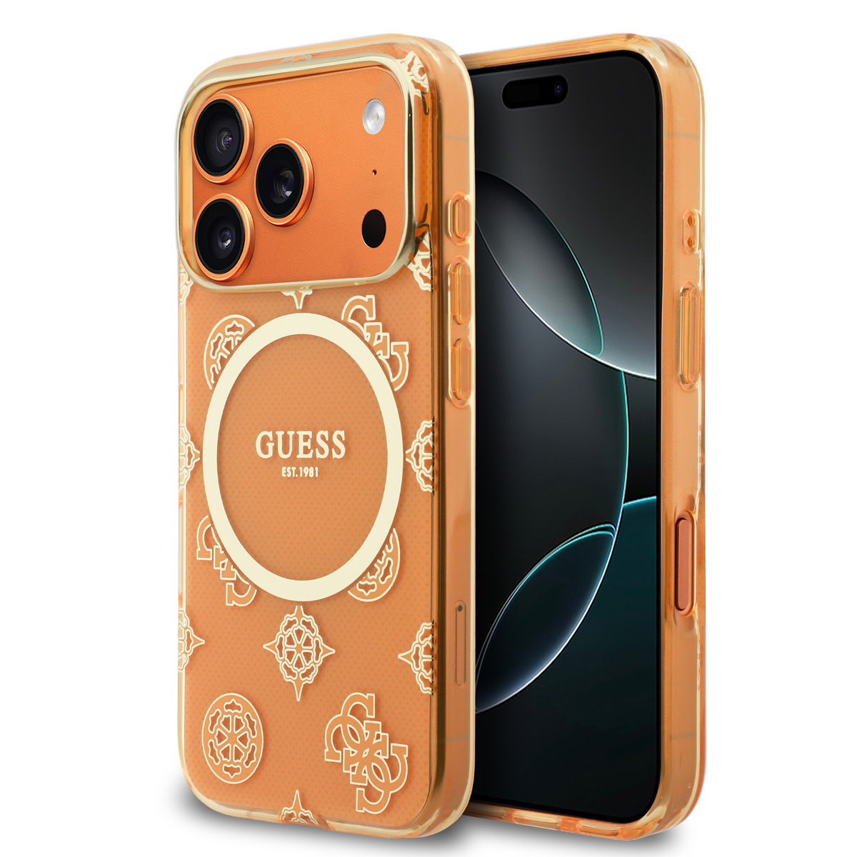 Guess Guess iPhone 17 Pro Max Backcover hoesje - Magsafe - IML Peony Hot Stamp Design - Oranje