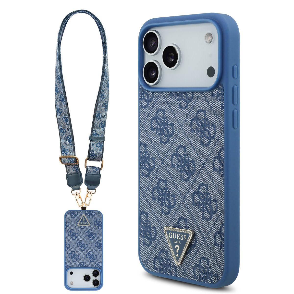 Guess Guess iPhone 17 Pro Max Backcover hoesje - MagSafe With Crossbody Lanyard - 4G Triangle Logo - Blauw