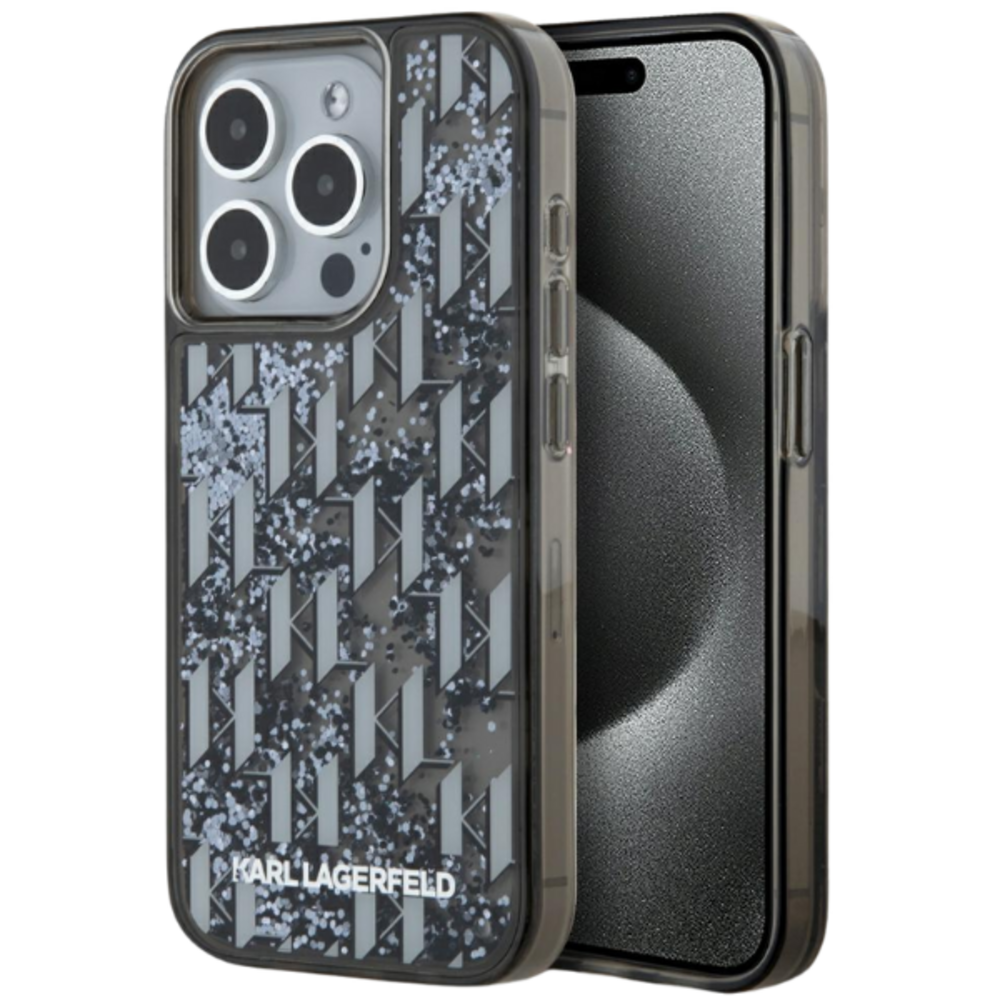 Karl Lagerfeld Karl Lagerfeld iPhone 15 Pro Max Backcover hoesje Liquid glitter - monogram gradient - Zwart Karl Lagerfeld Karl Lagerfeld iPhone 15 Pro Max Backcover hoesje Liquid glitter - monogram gradient - Zwart