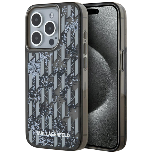 Karl Lagerfeld Karl Lagerfeld iPhone 15 Pro Max Backcover hoesje Liquid glitter - monogram gradient - Zwart, foto 3 van 4