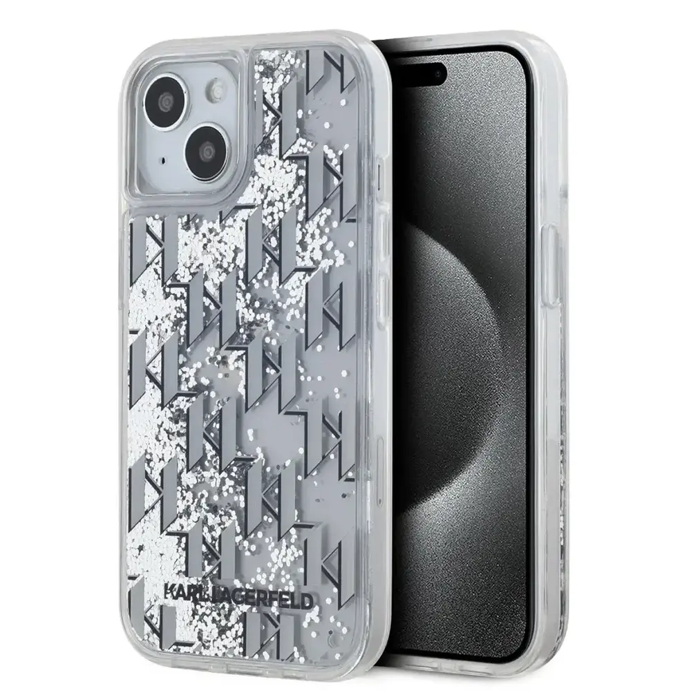 Karl Lagerfeld Karl Lagerfeld iPhone 15 Backcover hoesje Liquid glitter - monogram gradient - Wit Karl Lagerfeld Karl Lagerfeld iPhone 15 Backcover hoesje Liquid glitter - monogram gradient - Wit