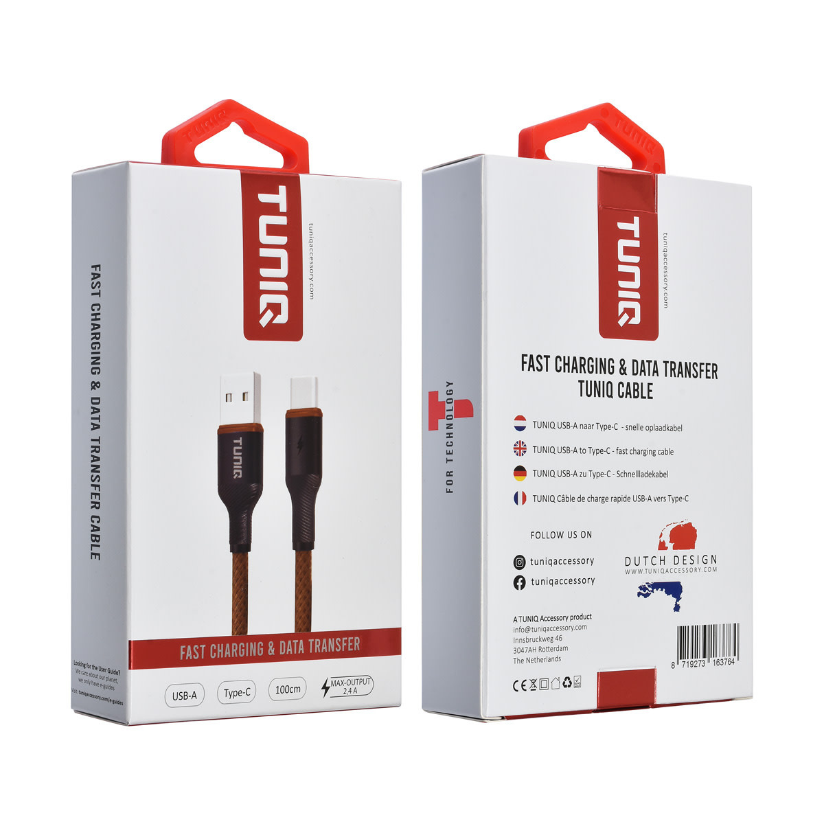 TUNIQ TUNIQ USB-A naar USB-C Kabel 100cm - Snelle oplaadkabel - Bruin, foto 2 van 2