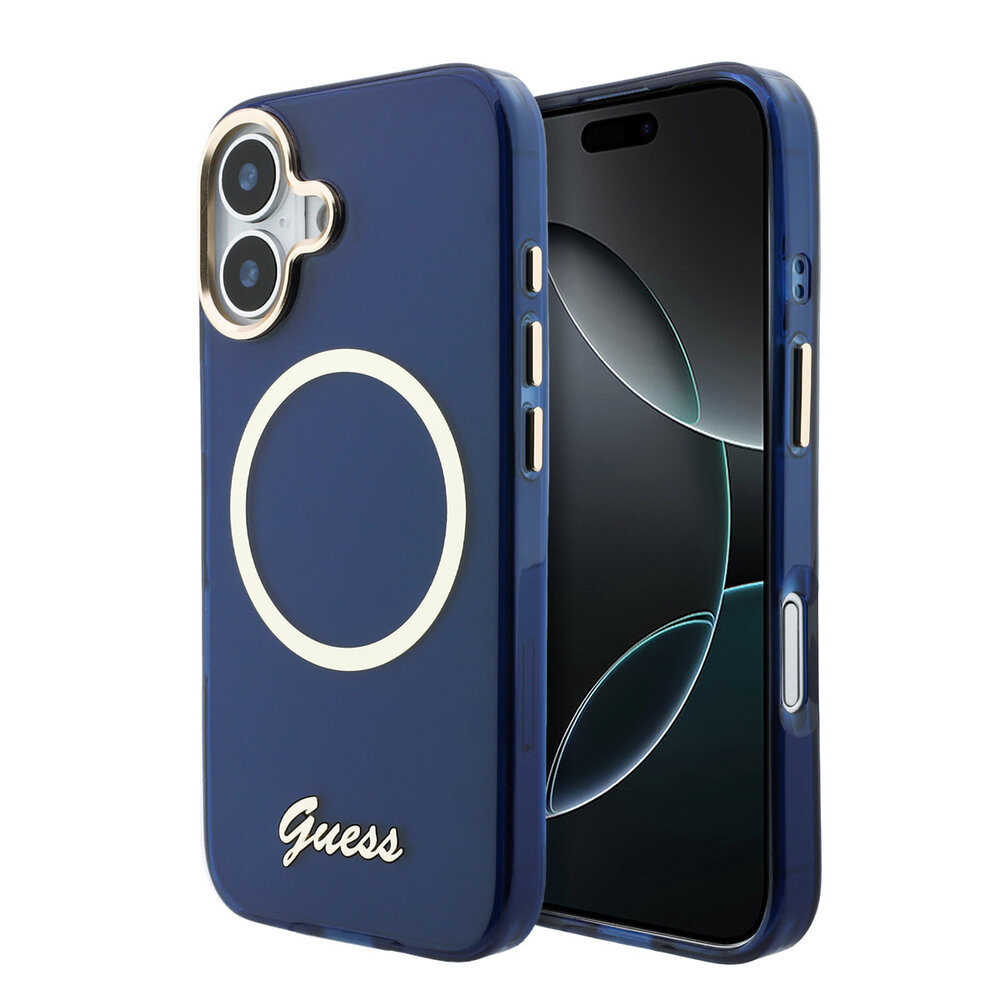 Guess Guess iPhone 17 Back-Cover hul - Magsafe - Metal Logo - Gold Edge - Blau Guess Guess iPhone 17 Back-Cover hul - Magsafe - Metal Logo - Gold Edge - Blau