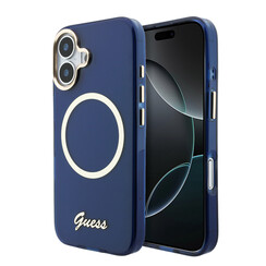 Guess iPhone 17 Backcover hoesje - Magsafe - Metal Logo - Gold Edge - Blauw