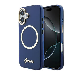 Guess Guess iPhone 17 Back cover coque - Magsafe - Metal Logo - Gold Edge - Bleu Guess Guess iPhone 17 Back cover coque - Magsafe - Metal Logo - Gold Edge - Bleu