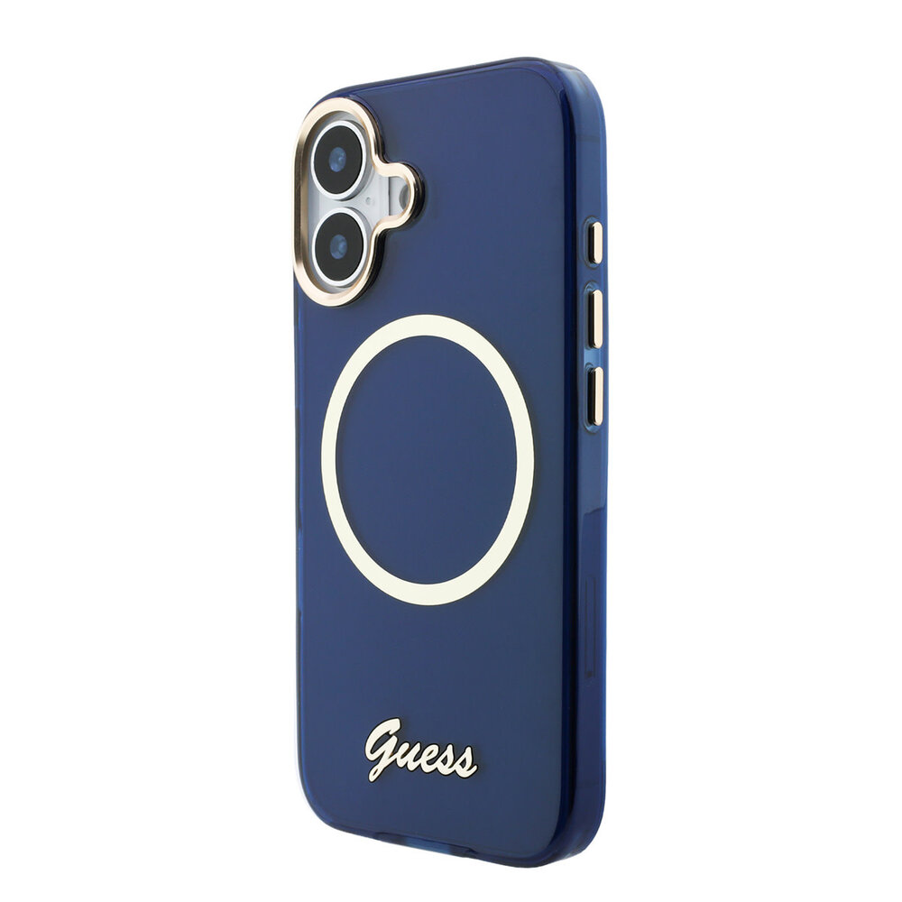 Guess Guess iPhone 17 Backcover hoesje - Magsafe - Metal Logo - Gold Edge - Blauw
