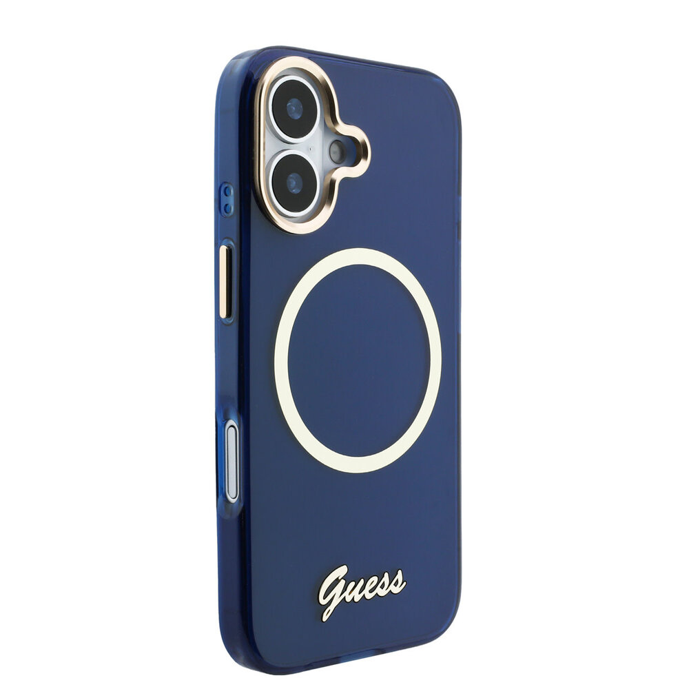 Guess Guess iPhone 17 Back cover coque - Magsafe - Metal Logo - Gold Edge - Bleu Guess Guess iPhone 17 Back cover coque - Magsafe - Metal Logo - Gold Edge - Bleu