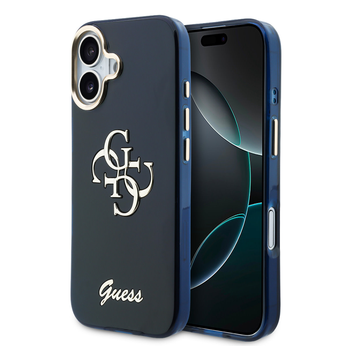 Guess Guess iPhone 17 Backcover hoesje - 4G Script Metal Logo - Silver Edge - Blauw