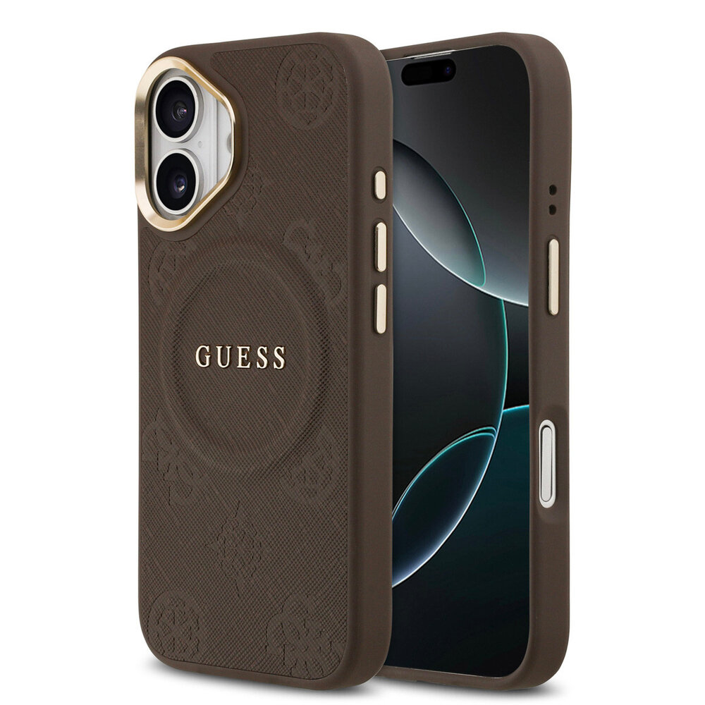 Guess Guess iPhone 17 Back cover coque - Magsafe - PU Leather Peony Hot Stamp Design - Marron