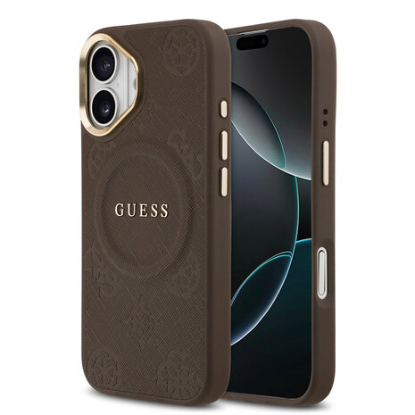 Guess Guess iPhone 17 Back cover coque - Magsafe - PU Leather Peony Hot Stamp Design - Marron