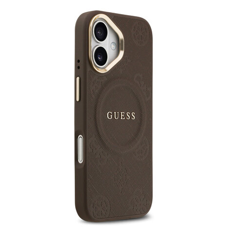 Guess Guess iPhone 17 Back cover coque - Magsafe - PU Leather Peony Hot Stamp Design - Marron