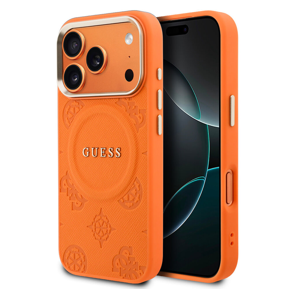 Guess Guess iPhone 17 Pro Back cover coque - Magsafe - PU Leather Peony Hot Stamp Design - Orange
